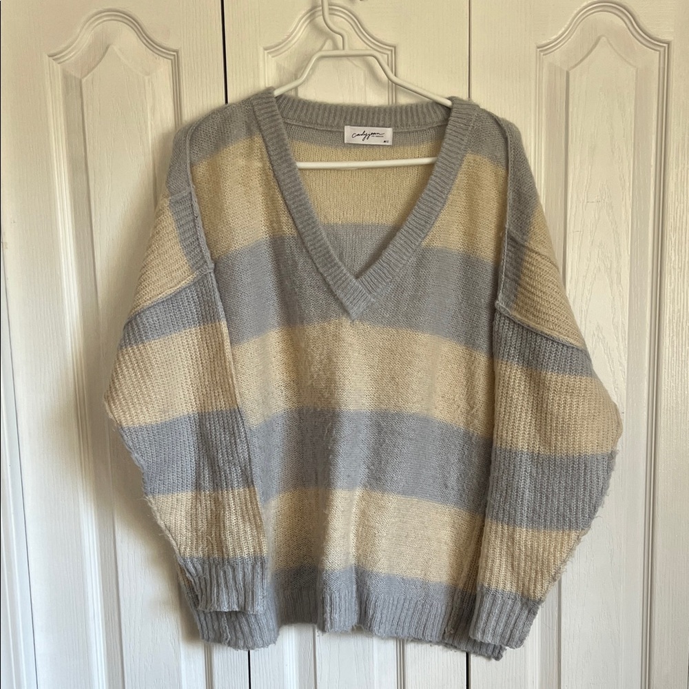 Carly Jean Los Angeles V-Neck Sweater in blueish grey and Cream Stripes